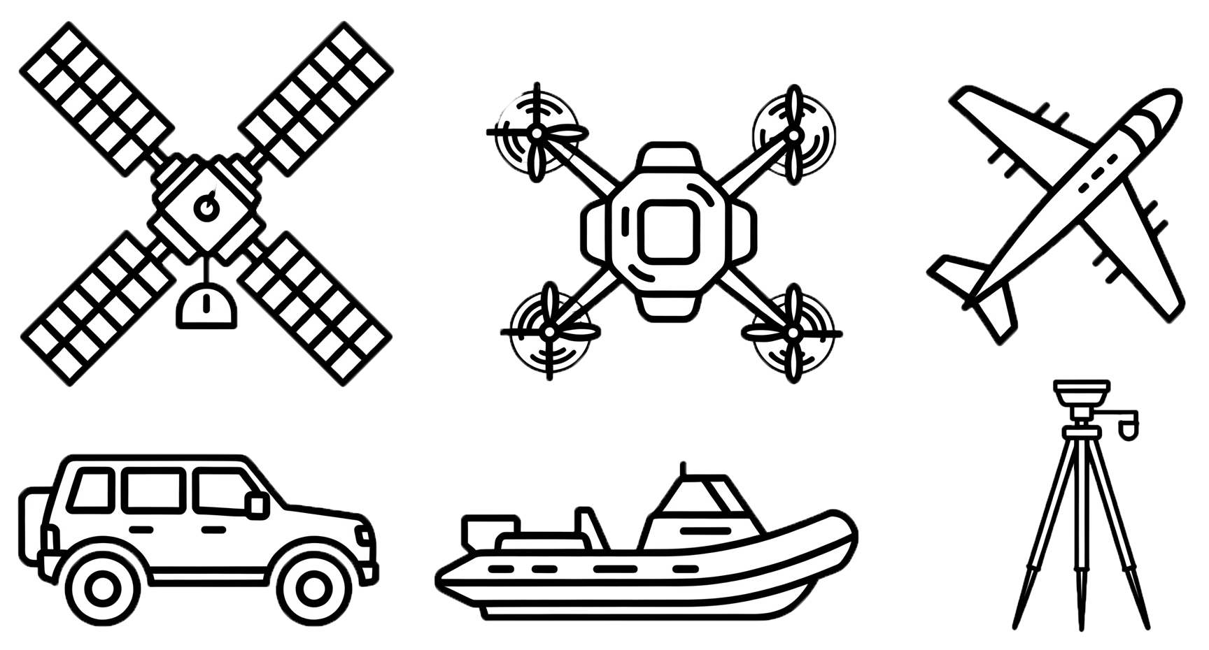 Prairie3D Geoinformatics_Platform Icons_Satellite-Drone-RPAS-Plane-Vehicle-Boat-Terrestrial-Cropped